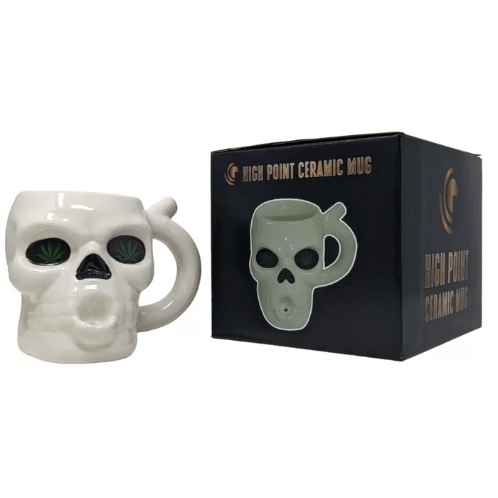 High Point Ceramic Skull Mug with Hand Pipe - Multiple Colors