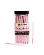Pink 98mm pre-rolled cones in a 50-count jar with a single cone displayed beside it