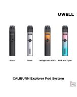 Uwell Caliburn Explorer 32W pod system lineup in four colors: Black, Silver, Orange and Black, and Pink and Cyan