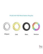 Four Vandy Vape Pulse AIO metal button rings in SS gear, gold, black and rainbow colors