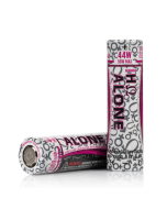 Two Hohm Tech ALONE 18650 batteries, one standing and one lying, pink and white packaging