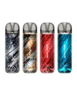 Geek Vape Obelisk U pod kit in four marbled color finishes: dark gray, gold brown, crimson red, and ocean blue, front view lineup