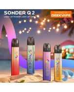 Geek Vape Sonder Q 2 pod system in four colors front view on beach scene with string lights and Powered by Geekvape banner