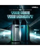 Uwell Caliburn GZ2 Pod System promotional banner with silver and teal devices, The Mini The Mighty campaign artwork