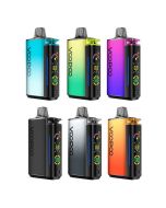 VooPoo VRIZZ 24W Pod System lineup in six colors including cyan blue, yellow green, pink purple, black, silver gray and orange gold, front angled view with VOOPOO logo and display