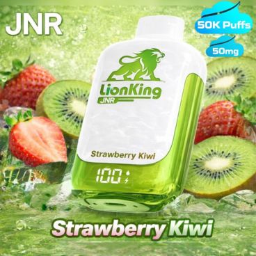 JNR Lion King 50K disposable vape, Strawberry Kiwi flavor, hero image with fruit background