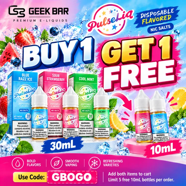 Geek Bar PulseLiq nic salts e-liquid - buy 1 get 1 free 10mL, code GBOGO