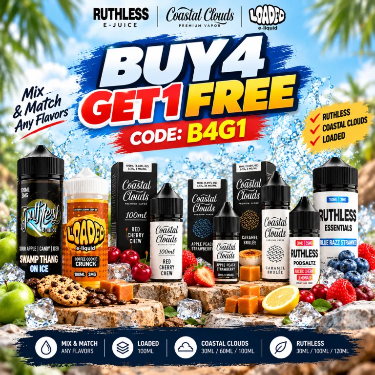 Buy 4 Get 1 Free e-liquid - Ruthless, Coastal Clouds, Loaded, code B4G1